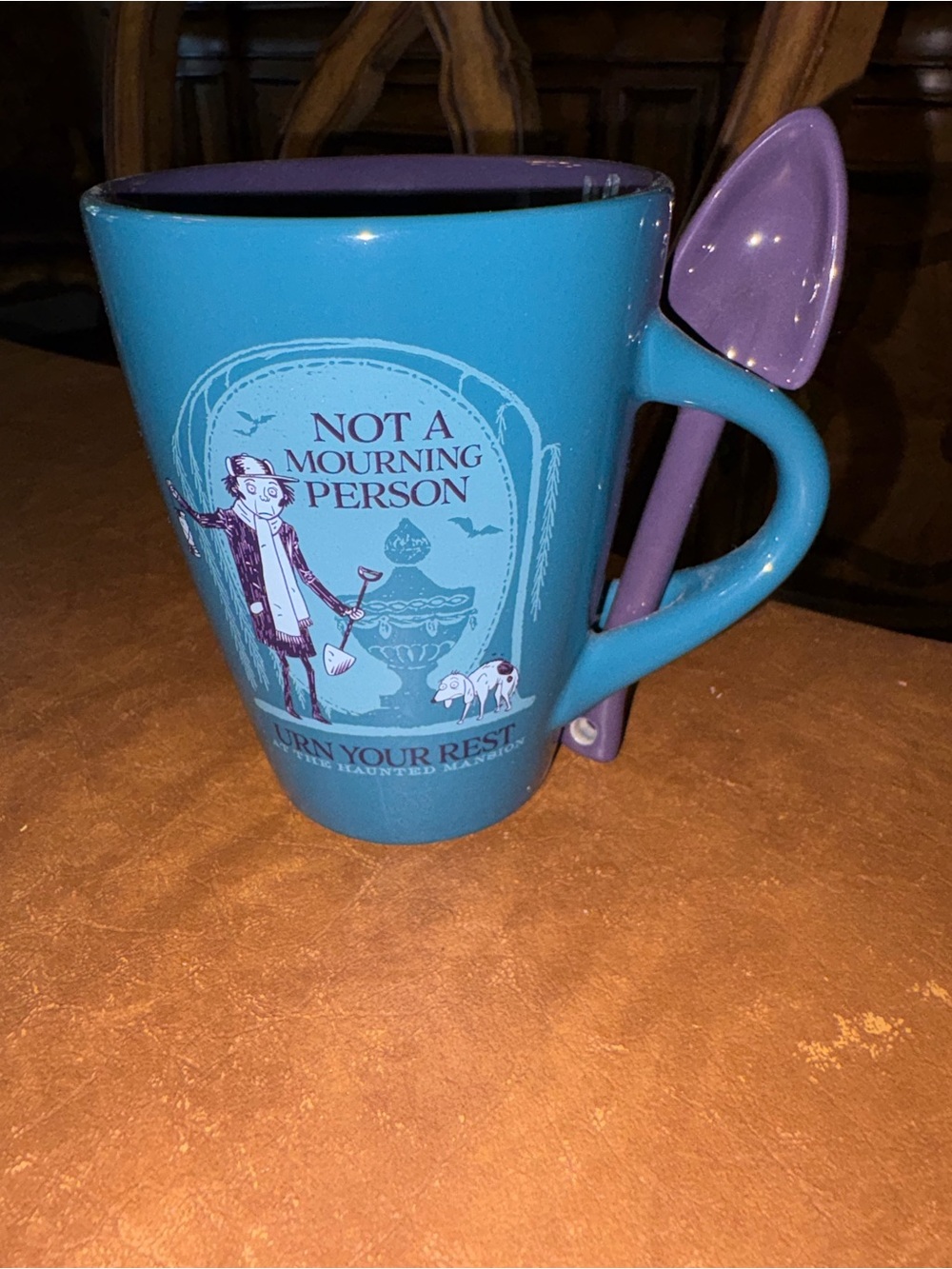 Disney haunted mansion Not A Mourning Person Blue Ceramic Mug with Purple Spoon